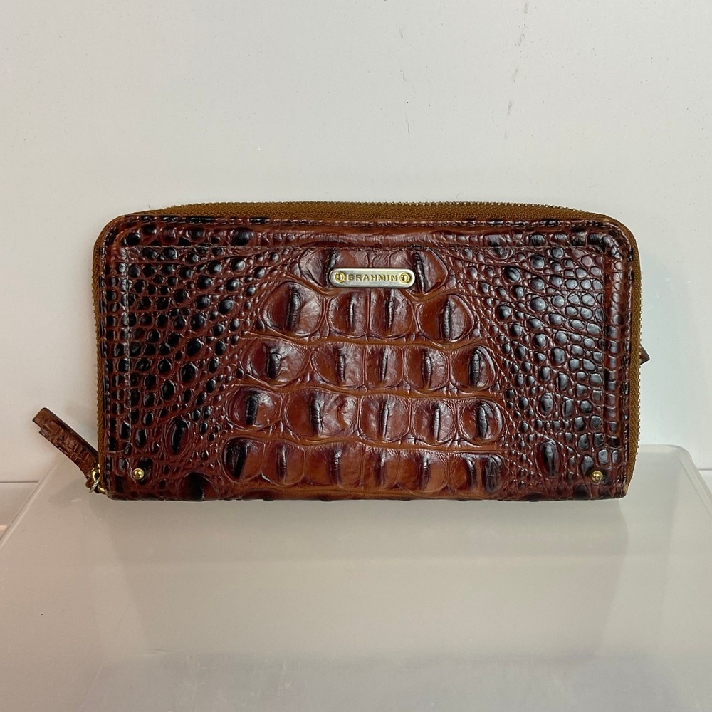 Brahmin Vintage Melbourne Zip Around Wallet Pecan Brown Croc Embossed Leather